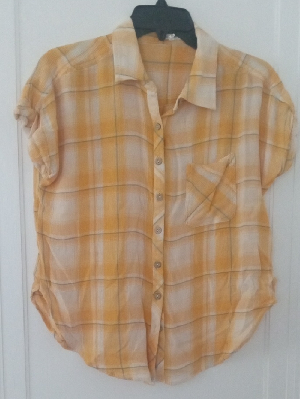 women short sleeve button up yellow white plaid, Maurices, medium
